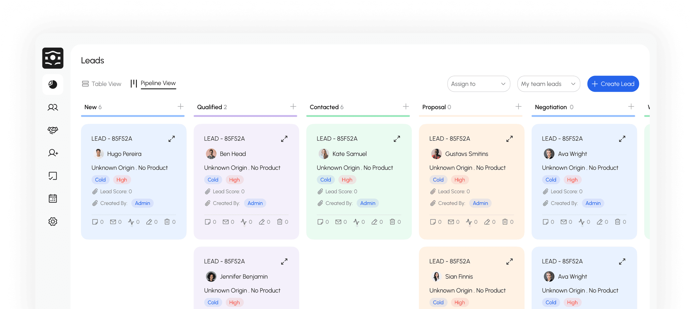 Flow9 Funnel leads Kanban pipeline with New, Qualified, Contacted, Proposal, and Negotiation columns