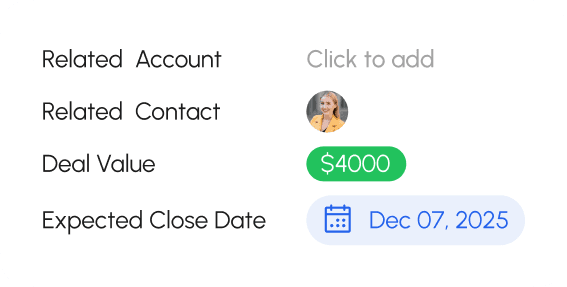 Deal detail preview: Related Account, Contact, Deal Value $4000, Expected Close Date Dec 07 2025