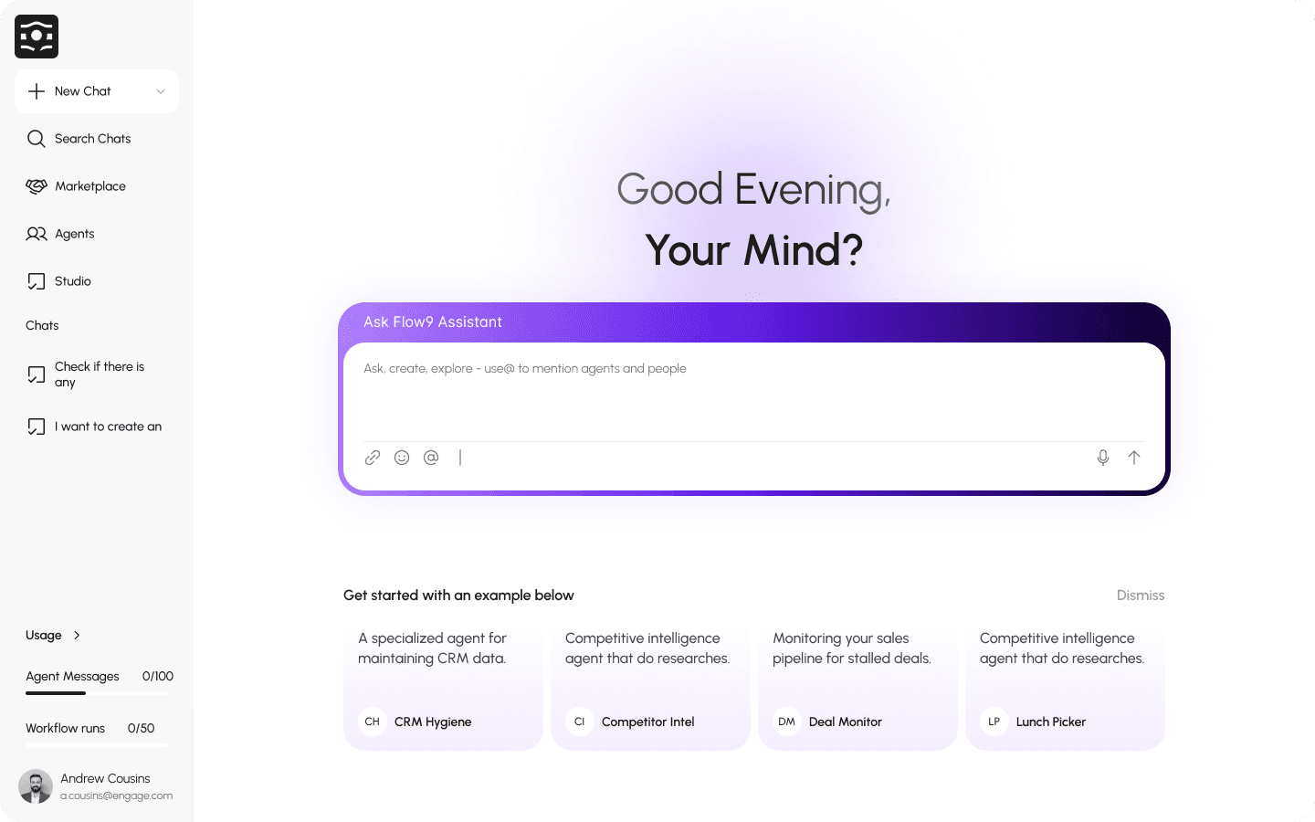 Ask Flow9 Assistant interface with 'Good Evening, Your Mind?' prompt and suggested agent examples