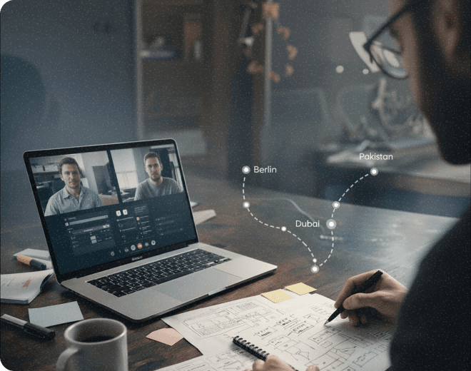 Laptop on a desk showing a video call, with annotated locations Berlin, Dubai, and Pakistan